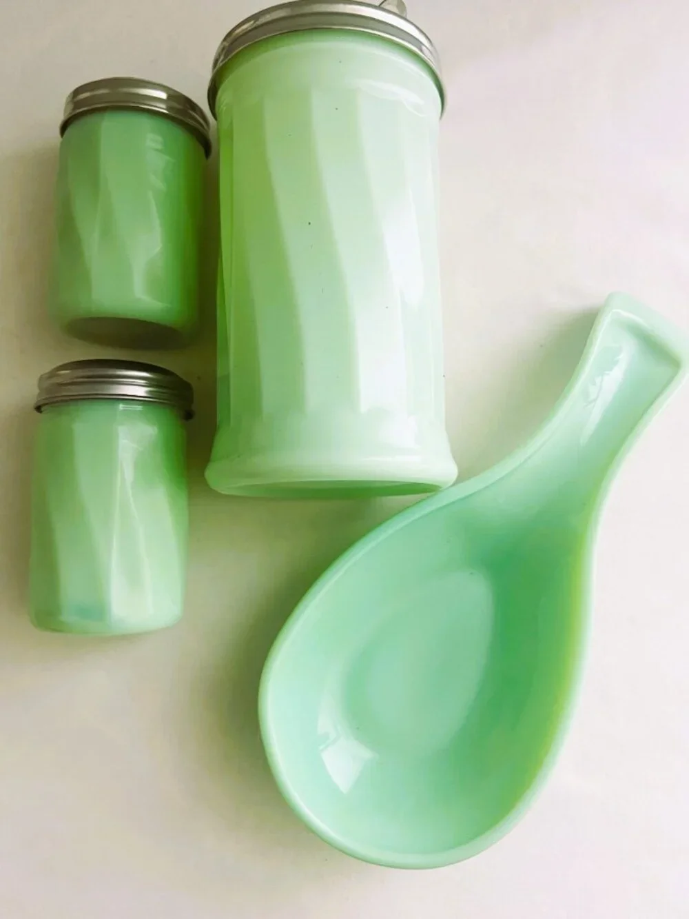 Jade Green Glass 4Pc Kitchen Set - Spoon Rest, Tall Sugar, Salt & Pepper Shakers